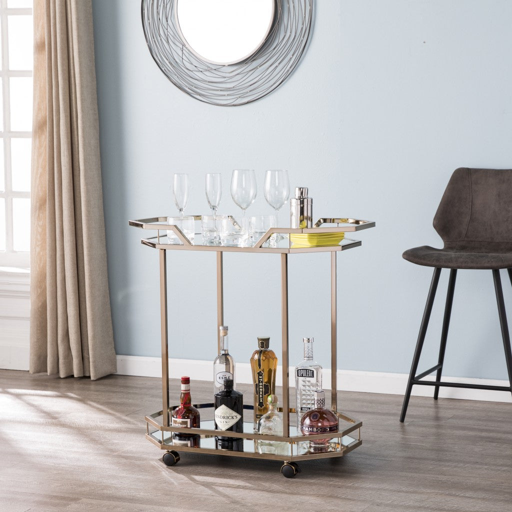 Champagne Iron And Mirrored Glass Rolling Bar Cart