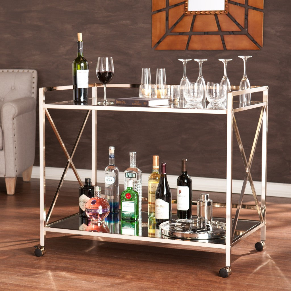 Gold Metal And Glass Rolling Bar Cart