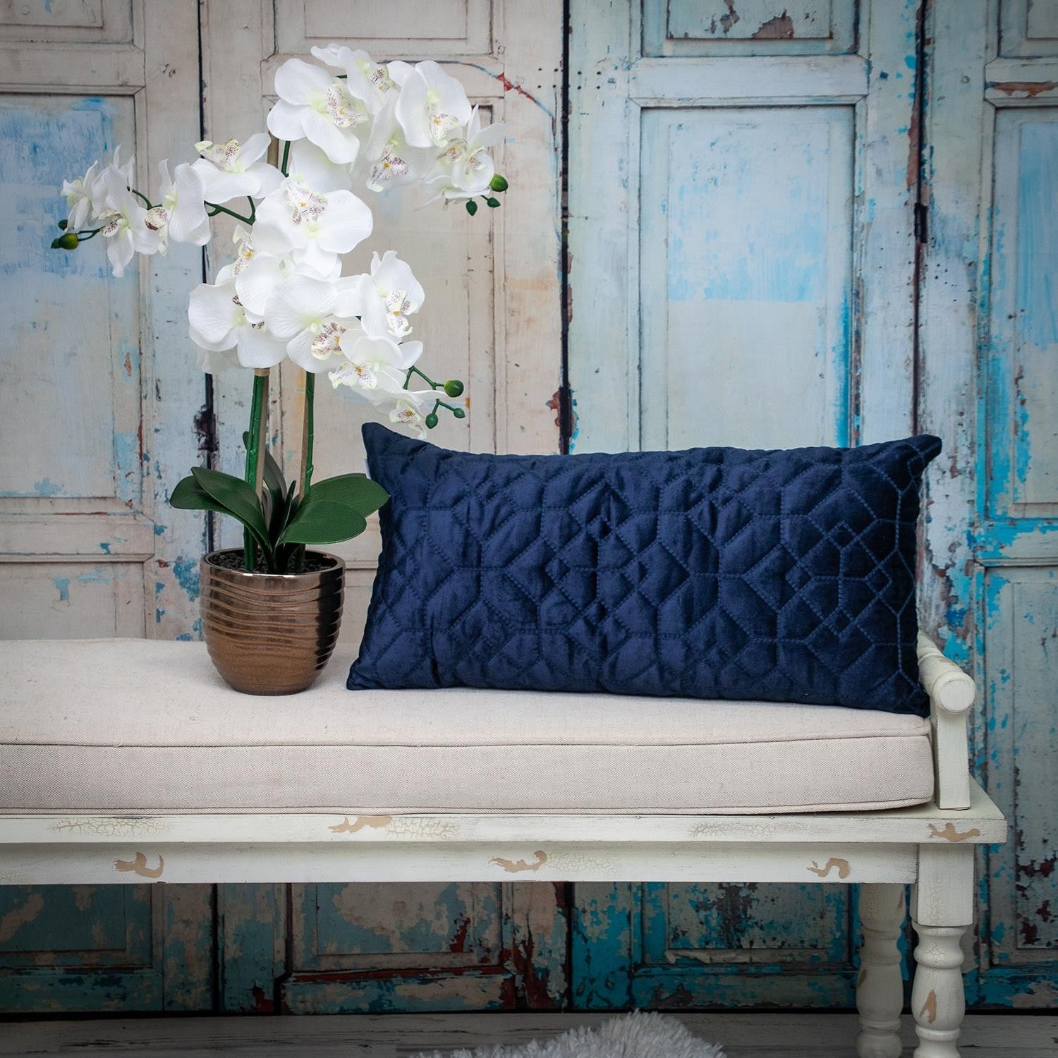 Navy Quilted Velvet Geo Lumbar Decorative Pillow