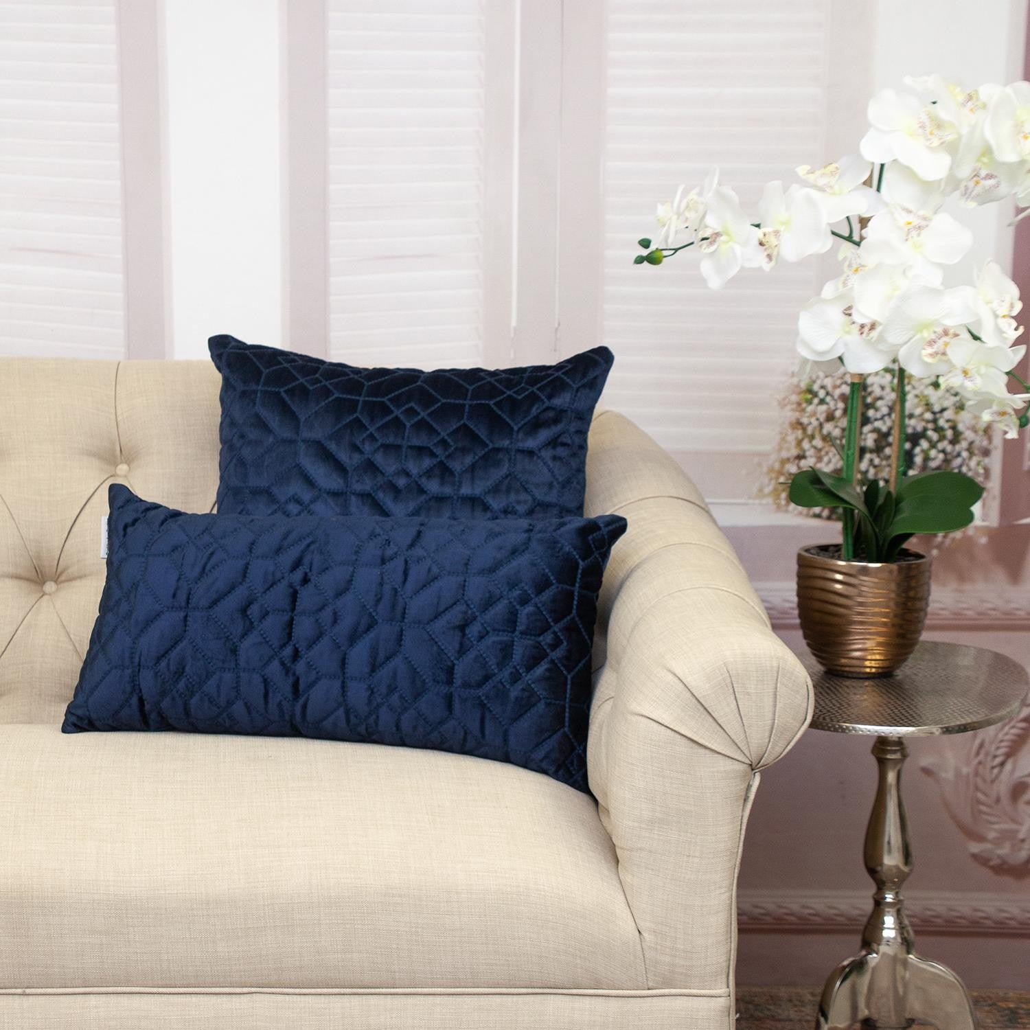 Navy Quilted Velvet Geo Lumbar Decorative Pillow