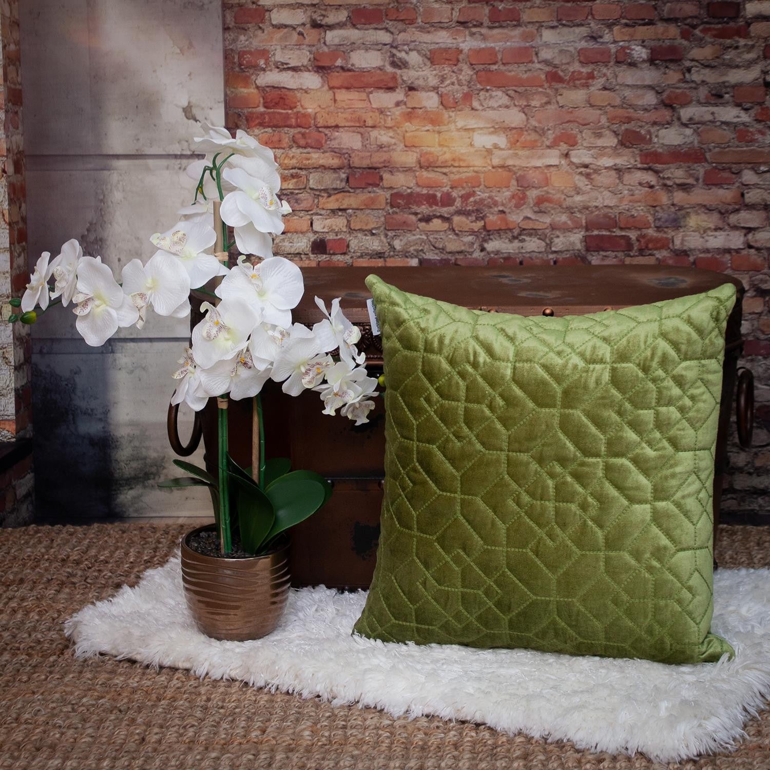 Olive Quilted Velvet Geo Decorative Throw Pillow