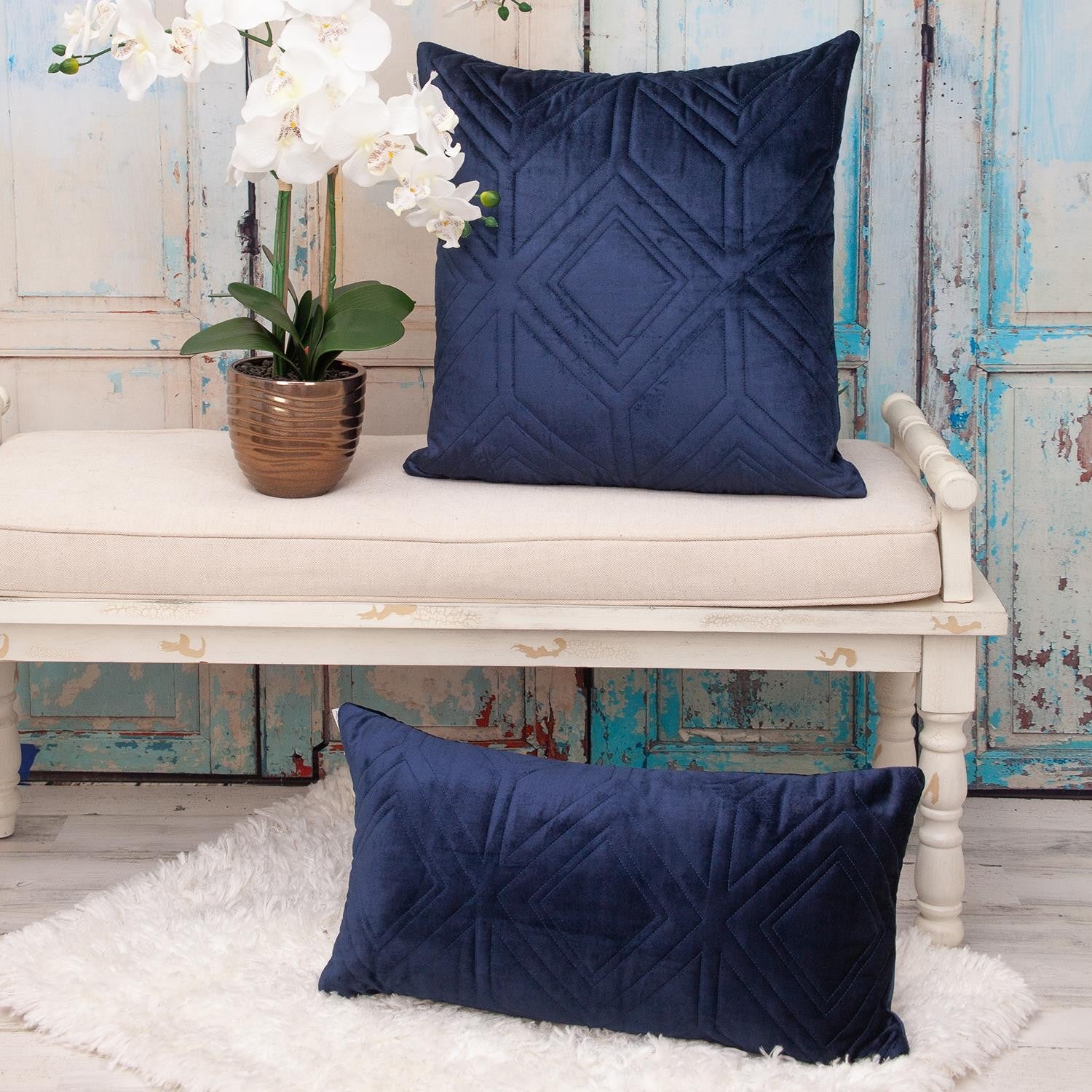 Navy Quilted Diamonds Velvet Solid Color Throw Pillow