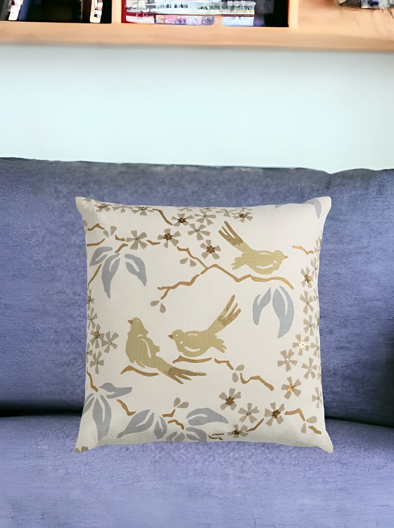 Khaki White Birds and Leaves Down Throw Pillow