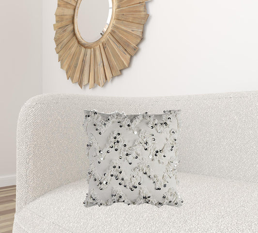 Ivory Silver Chevron Sequined Throw Pillow