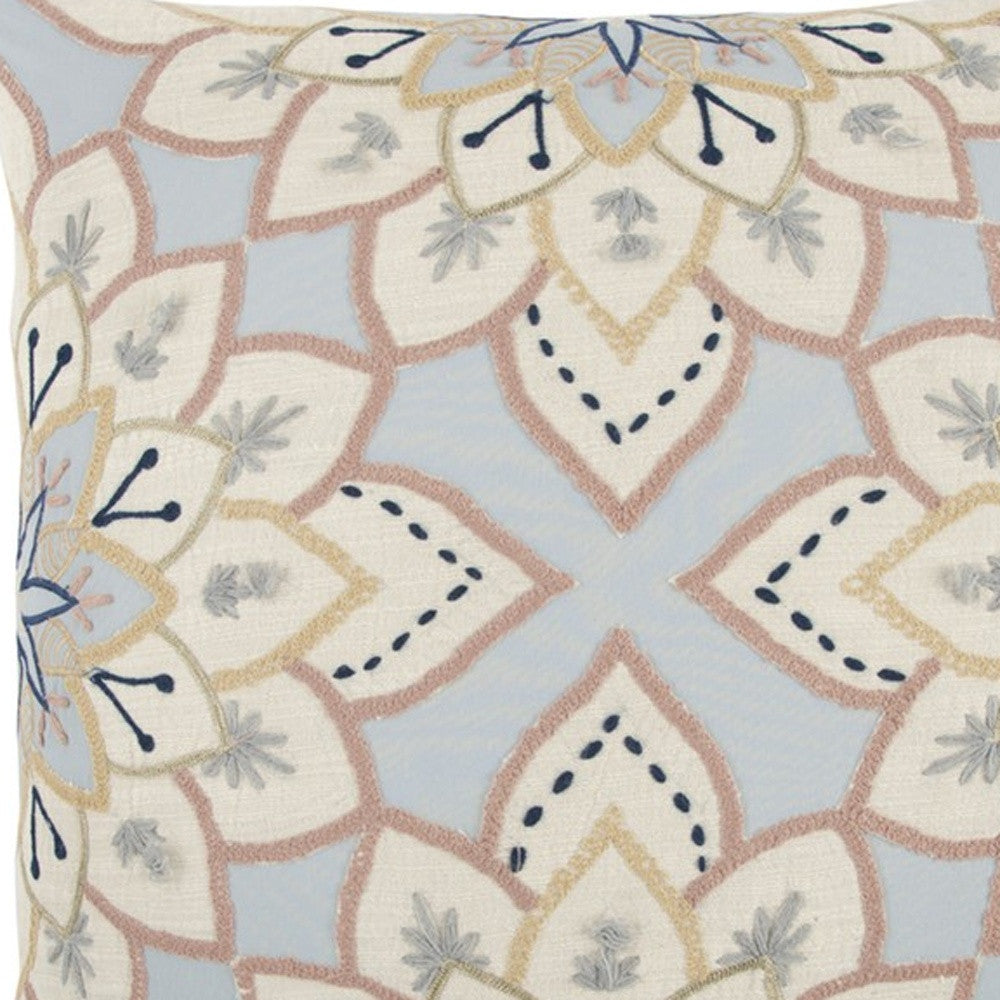 Light Blue Floral Appliqued Throw Pillow