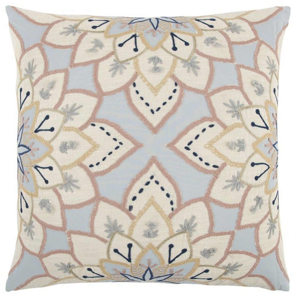 Light Blue Floral Appliqued Throw Pillow