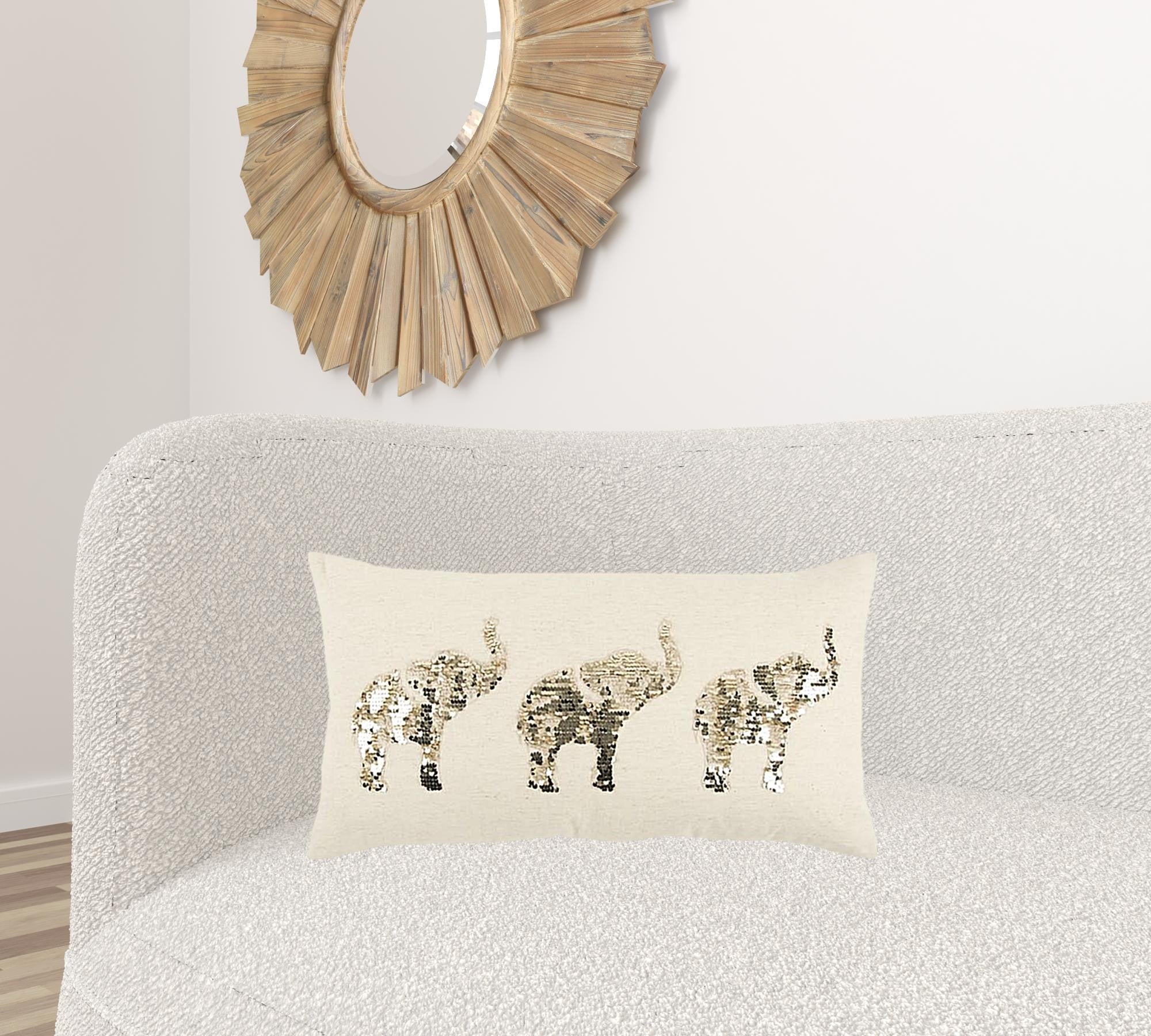 Natural Gold Sequined Elephant Trio Lumbar Pillow