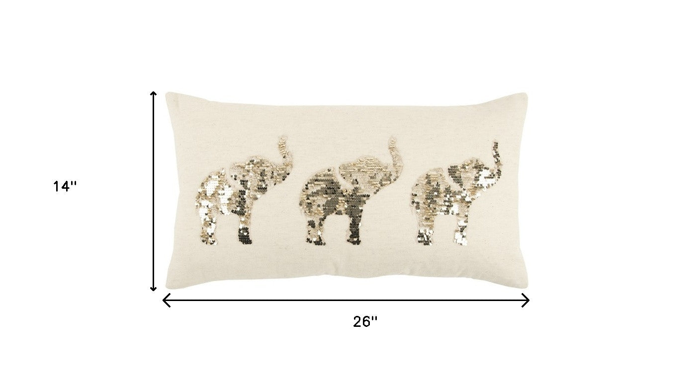 Natural Gold Sequined Elephant Trio Lumbar Pillow