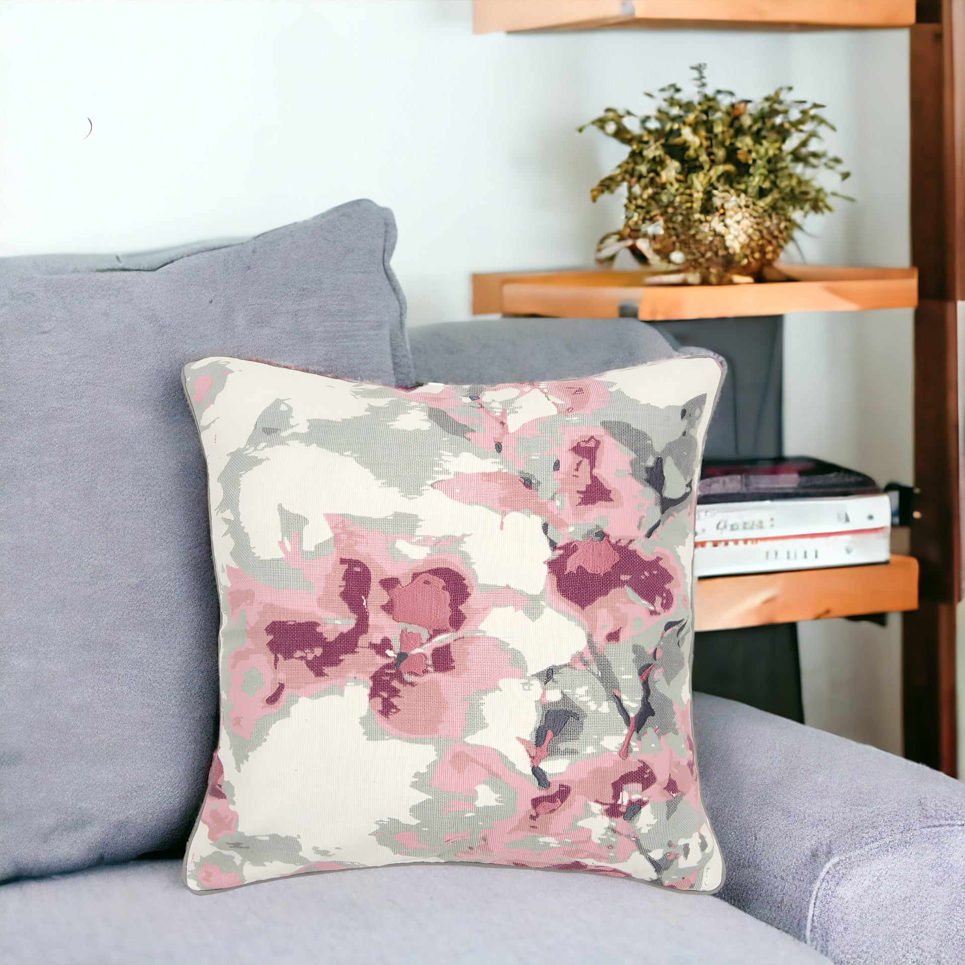 Pink Gray Impressionistic Floral Throw Pillow