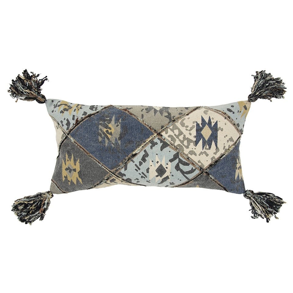 Indigo Gray Tribal Corner Tasseled Lumbar Pillow - Homeroots