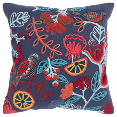 Dark Blue Jacobean Bloom Embroidered Throw Pillow