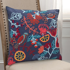 Dark Blue Jacobean Bloom Embroidered Throw Pillow