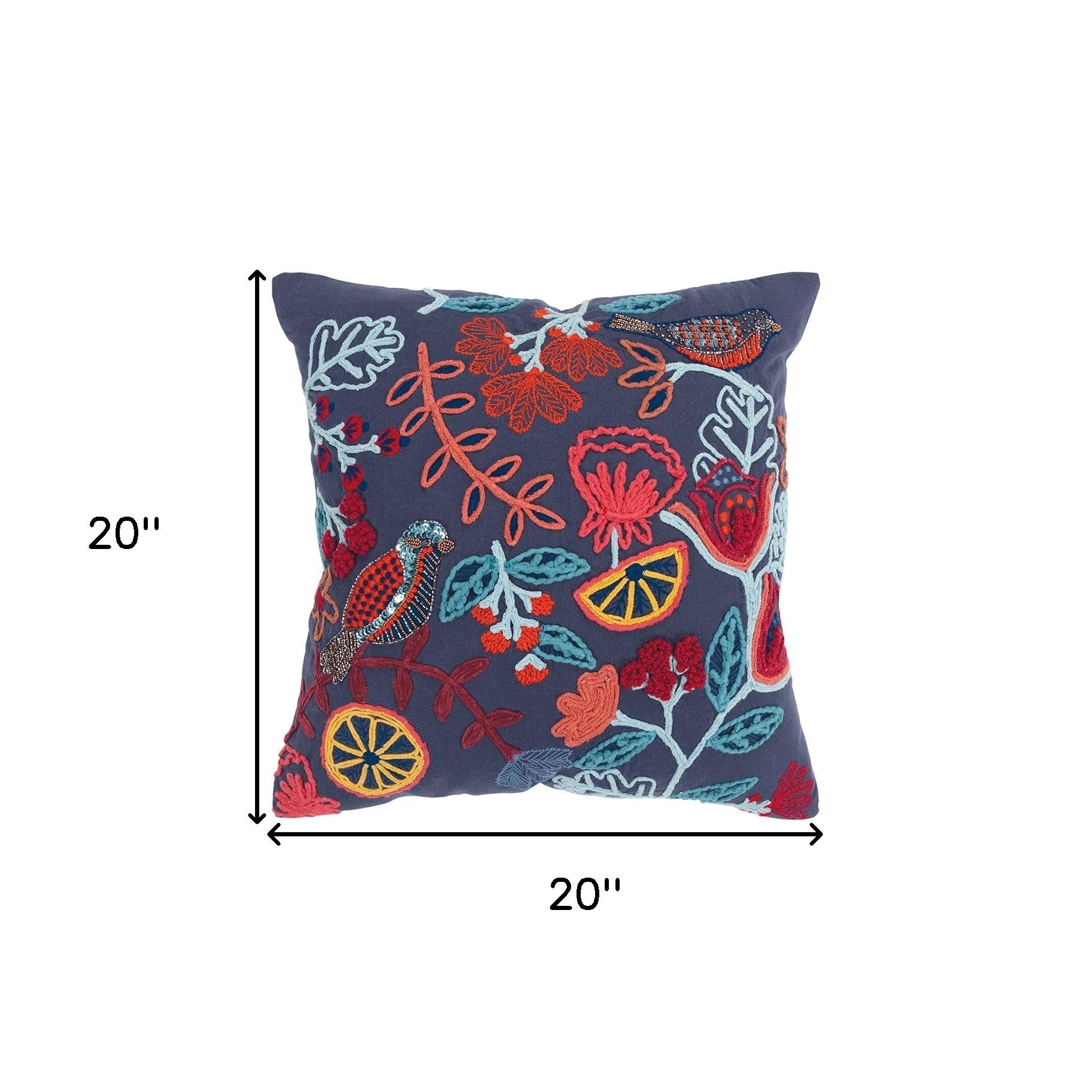 Dark Blue Jacobean Bloom Embroidered Throw Pillow