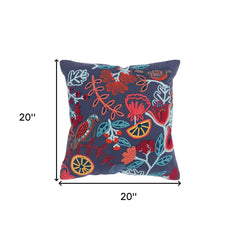 Dark Blue Jacobean Bloom Embroidered Throw Pillow