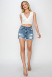 RISEN Stepped Waist Frayed Denim Shorts - Flyclothing LLC