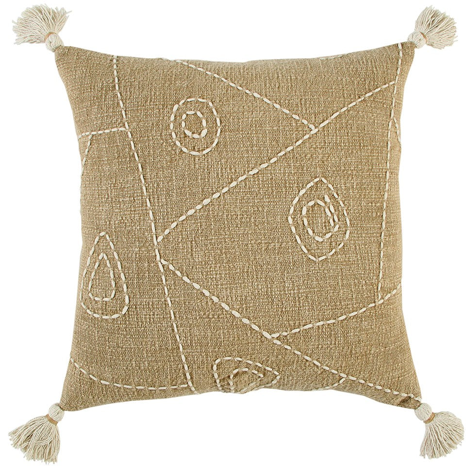 Khaki Cream Kantha Stitch Tasseled Throw Pillow