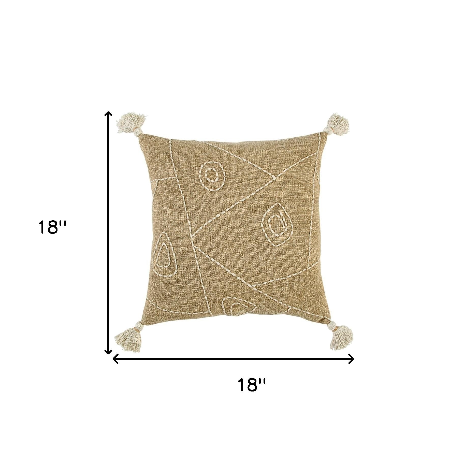 Khaki Cream Kantha Stitch Tasseled Throw Pillow