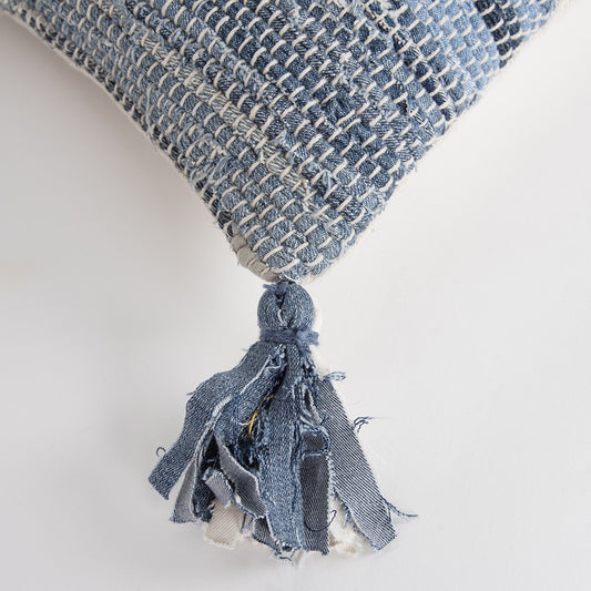 Denim Blue Repurposed Woven Strips Lumbar Pillow