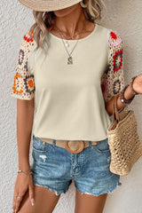 Geometric Round Neck Short Sleeve Blouse Trendsi