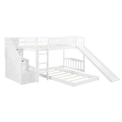 White Twin Over Twin Perpendicular Bunk Bed with Storage Stairs and Slide