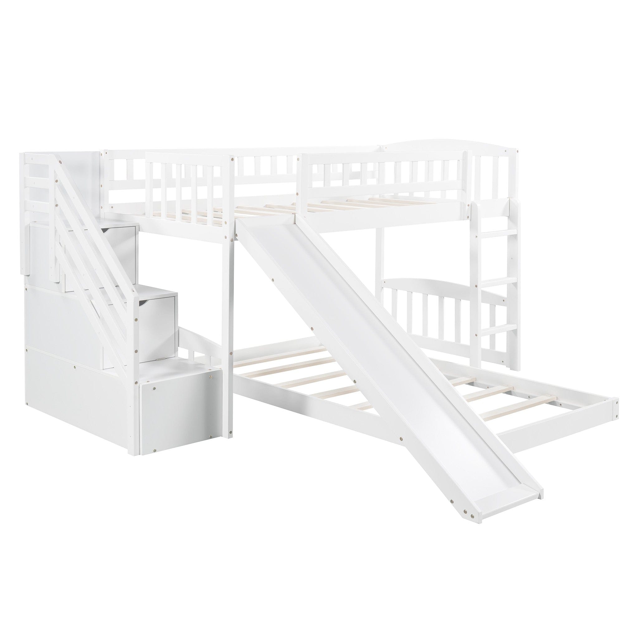 White Twin Over Twin Perpendicular Bunk Bed with Storage Stairs and Slide