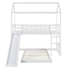 White Playhouse Frame Full Over Full Perpendicular Bunk Bed with Slide