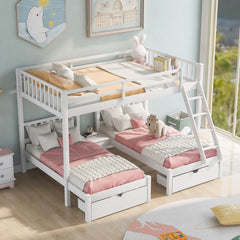 White Full Over Double Twin Triple Bunk Beds with Drawers