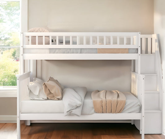 White Twin Over Full Farmhouse Style Bunk Bed with Staircase