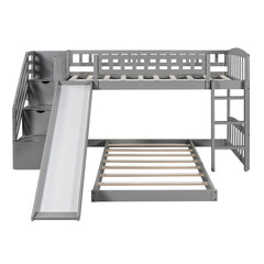 Gray Twin Over Twin Perpendicular Bunk Bed with Storage Stairs and Slide