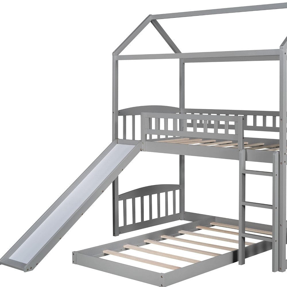 Gray Playhouse Frame Full Over Full Perpendicular Bunk Bed with Slide - Homeroots