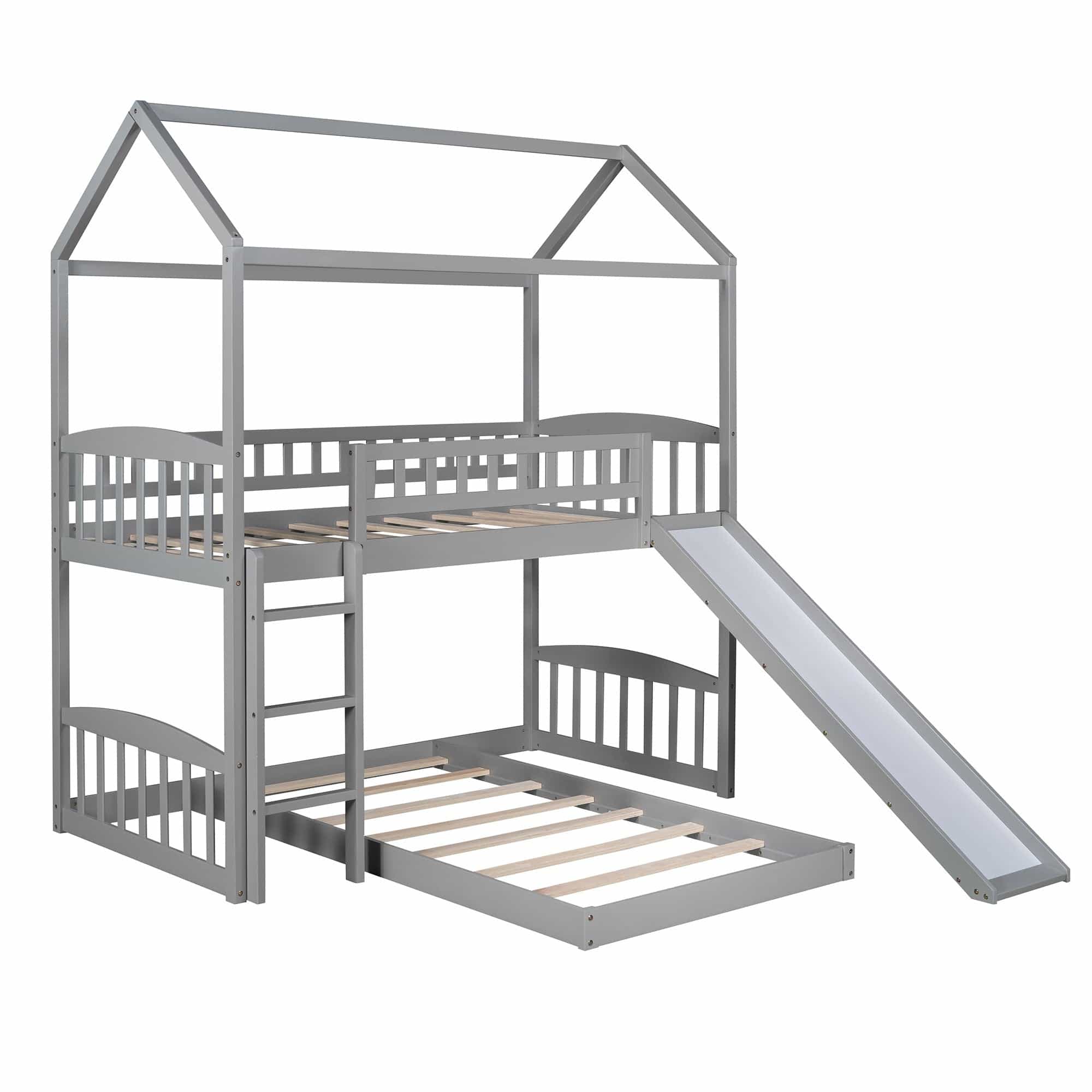 Gray Playhouse Frame Full Over Full Perpendicular Bunk Bed with Slide - Homeroots