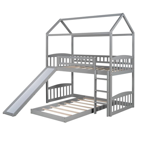 Gray Playhouse Frame Full Over Full Perpendicular Bunk Bed with Slide