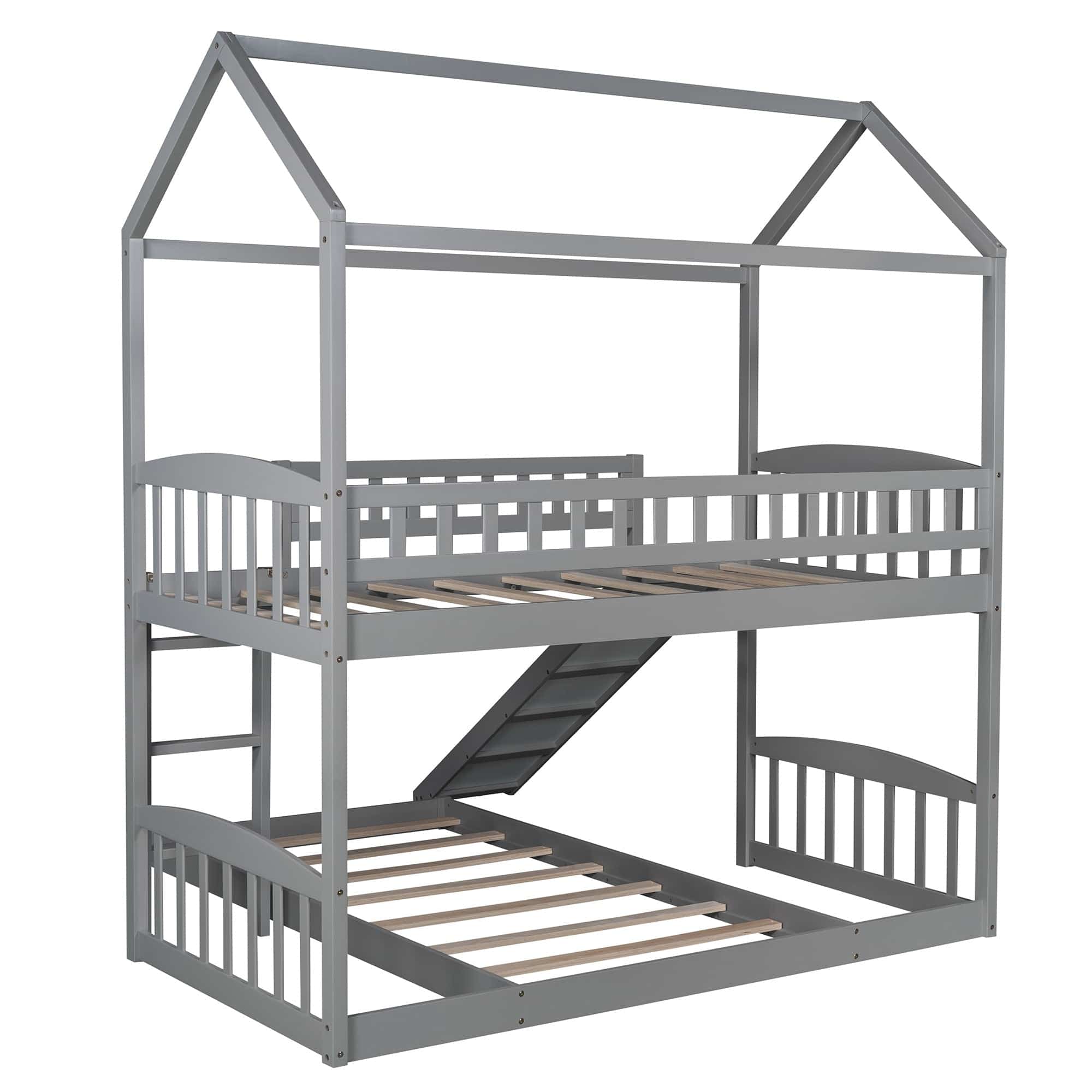 Gray Playhouse Frame Full Over Full Perpendicular Bunk Bed with Slide - Homeroots