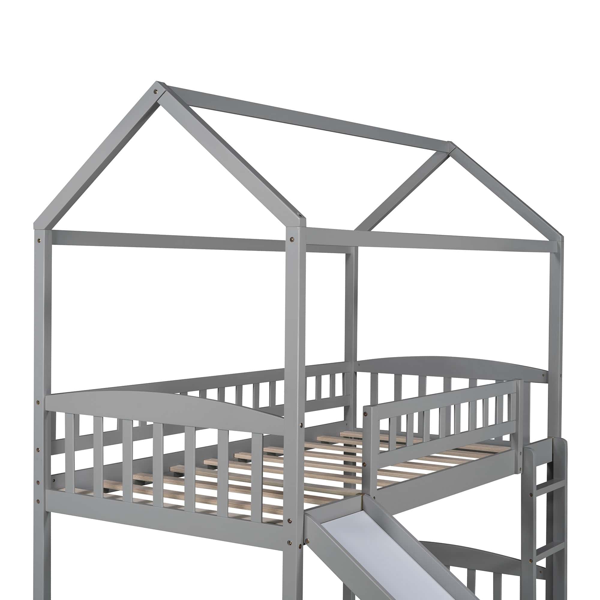 Gray Playhouse Frame Full Over Full Perpendicular Bunk Bed with Slide - Homeroots