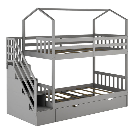 Gray Twin Over Twin Playhouse Bunk Bed with Trundle and Staircase