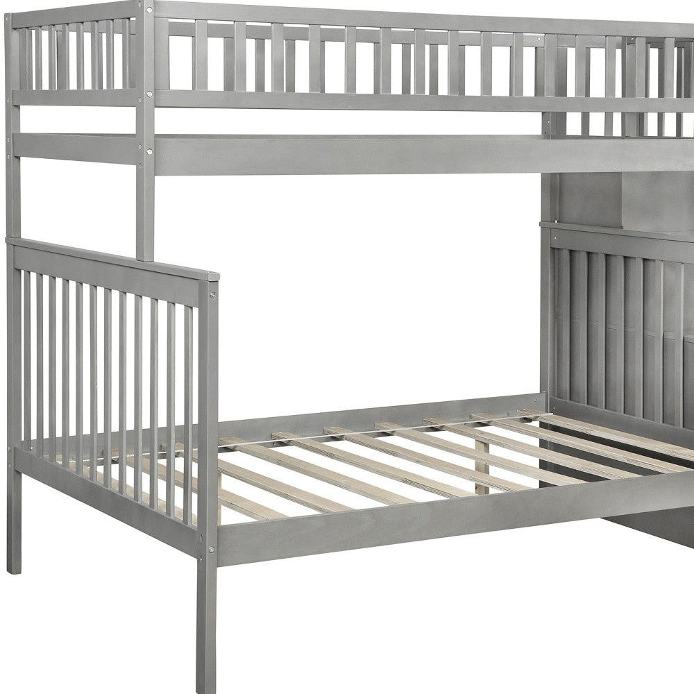 Gray Twin Over Full Farmhouse Style Bunk Bed with Staircase