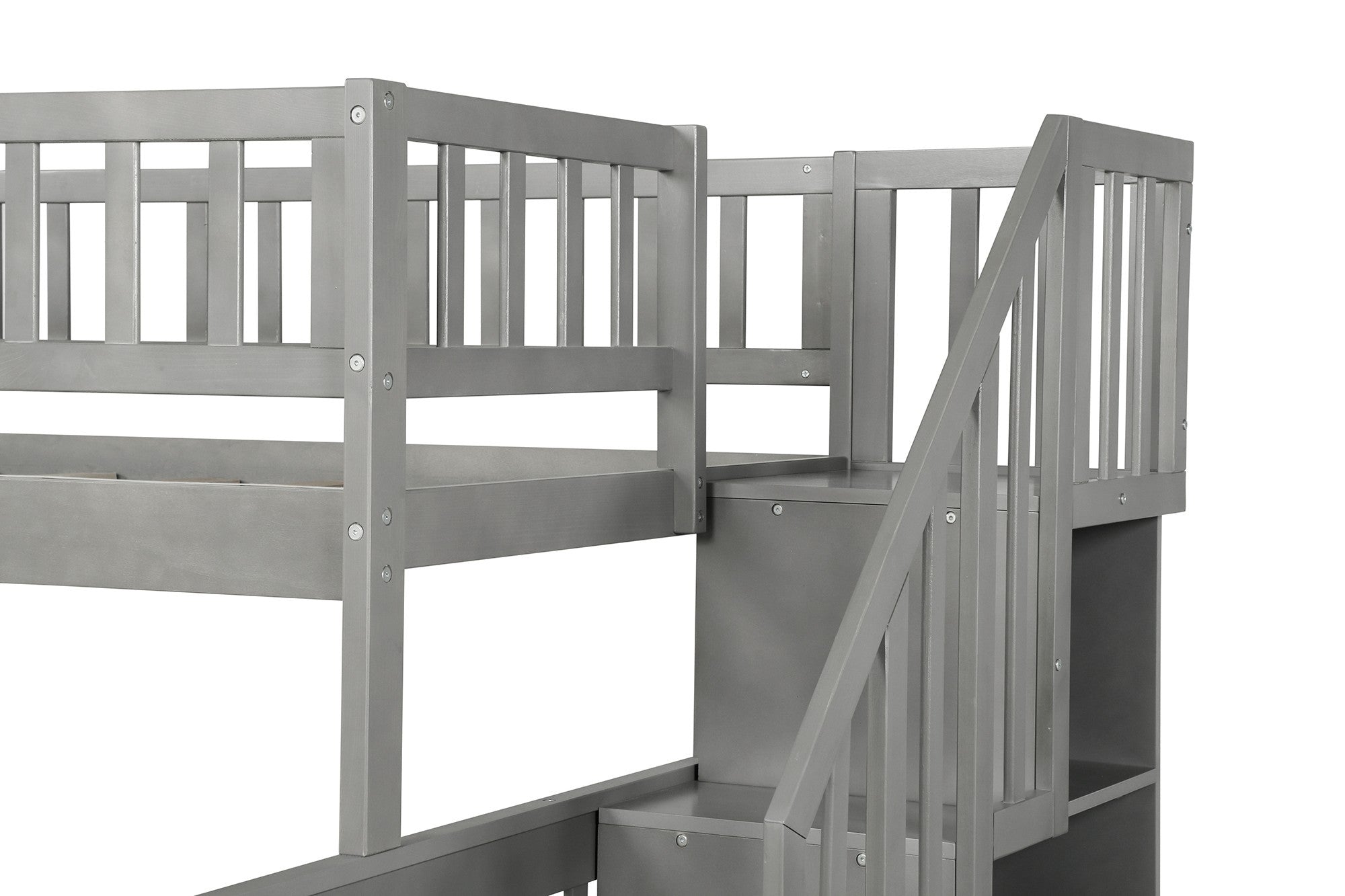 Gray Twin Over Full Farmhouse Style Bunk Bed with Staircase