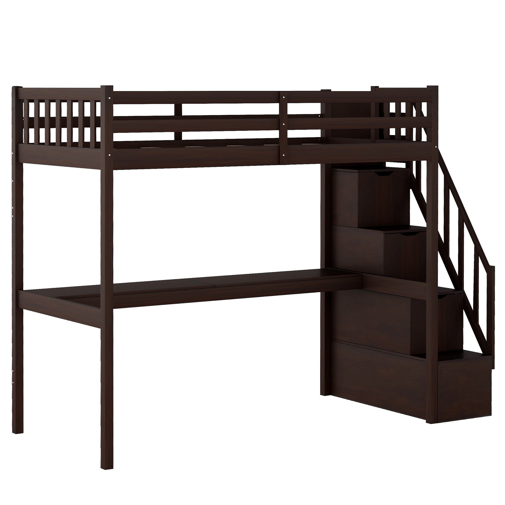 Espresso Twin Size Loft Bed with Built In Desk and Stairway