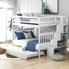 White Full Over Full Farmhouse Style Bunk Bed with Trundle and Staircase