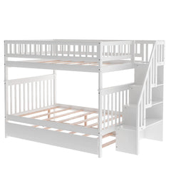 White Full Over Full Farmhouse Style Bunk Bed with Trundle and Staircase