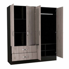 71" Light Oak and Black Four Door Wardrobe Closet with Mirrors - Homeroots