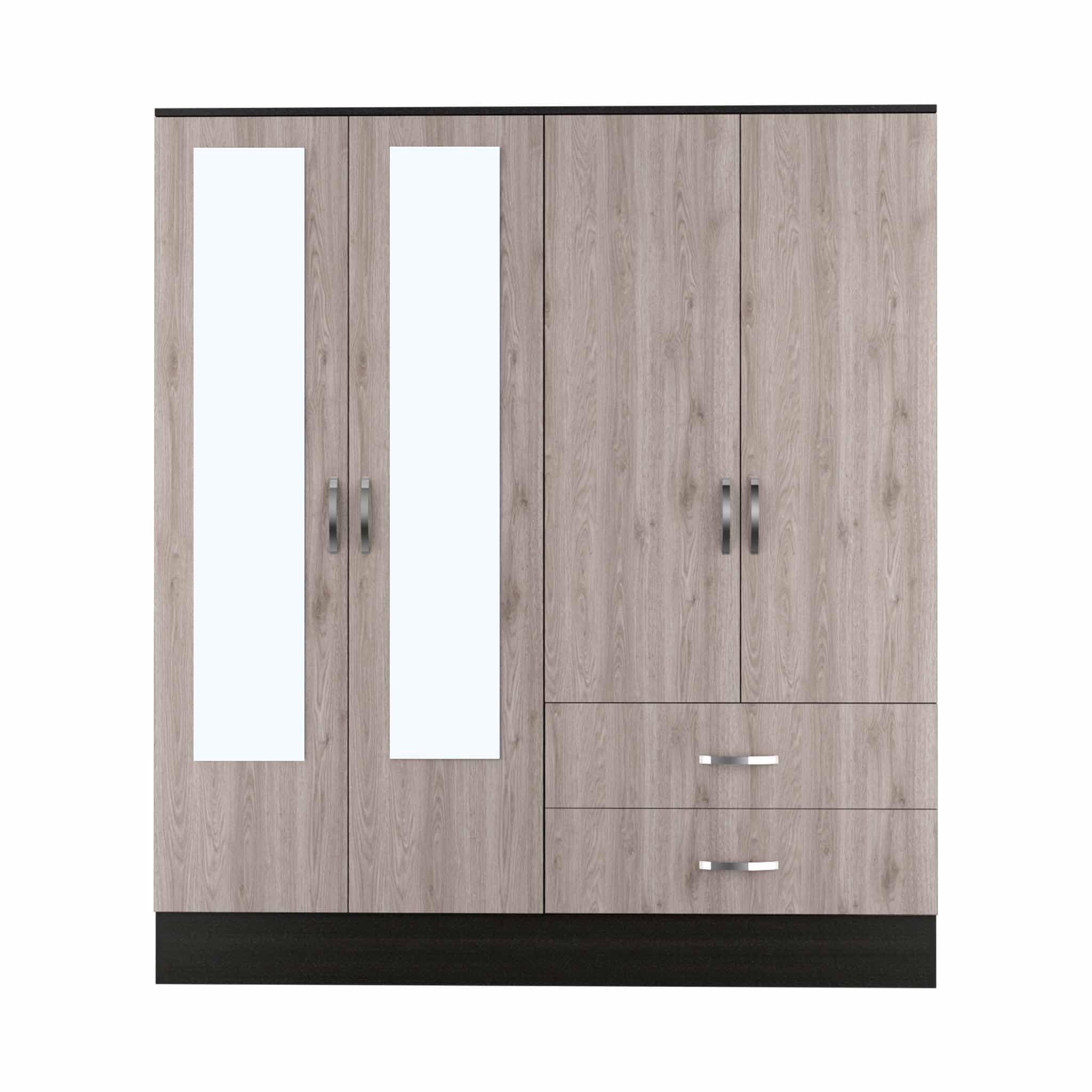 71" Light Oak and Black Four Door Wardrobe Closet with Mirrors - Homeroots