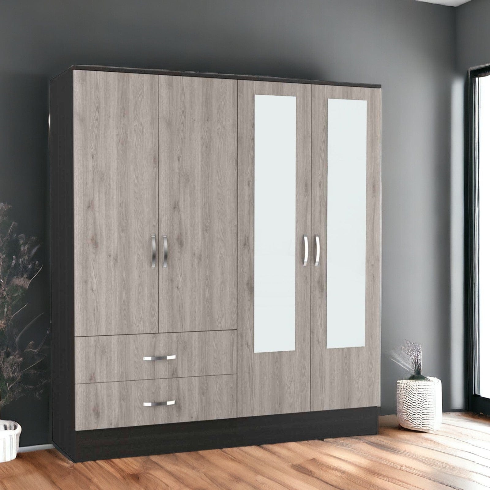 71" Light Oak and Black Four Door Wardrobe Closet with Mirrors - Homeroots