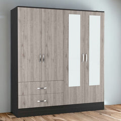 71" Light Oak and Black Four Door Wardrobe Closet with Mirrors - Homeroots