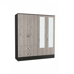 71" Light Oak and Black Four Door Wardrobe Closet with Mirrors - Homeroots