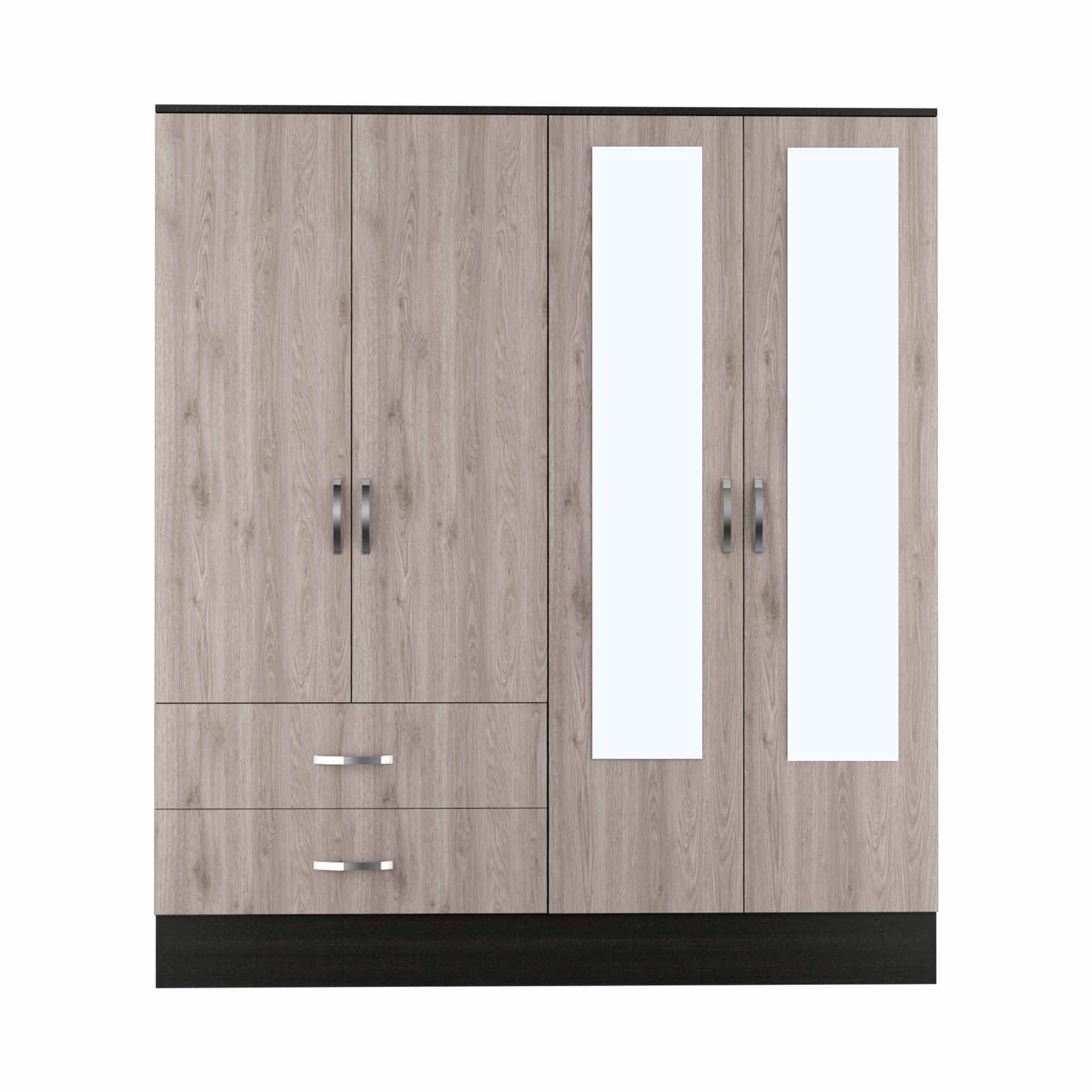 71" Light Oak and Black Four Door Wardrobe Closet with Mirrors - Homeroots