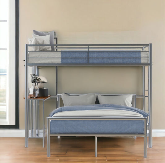 Silver Twin Over Full Size Metal Bunk Bed with Desk