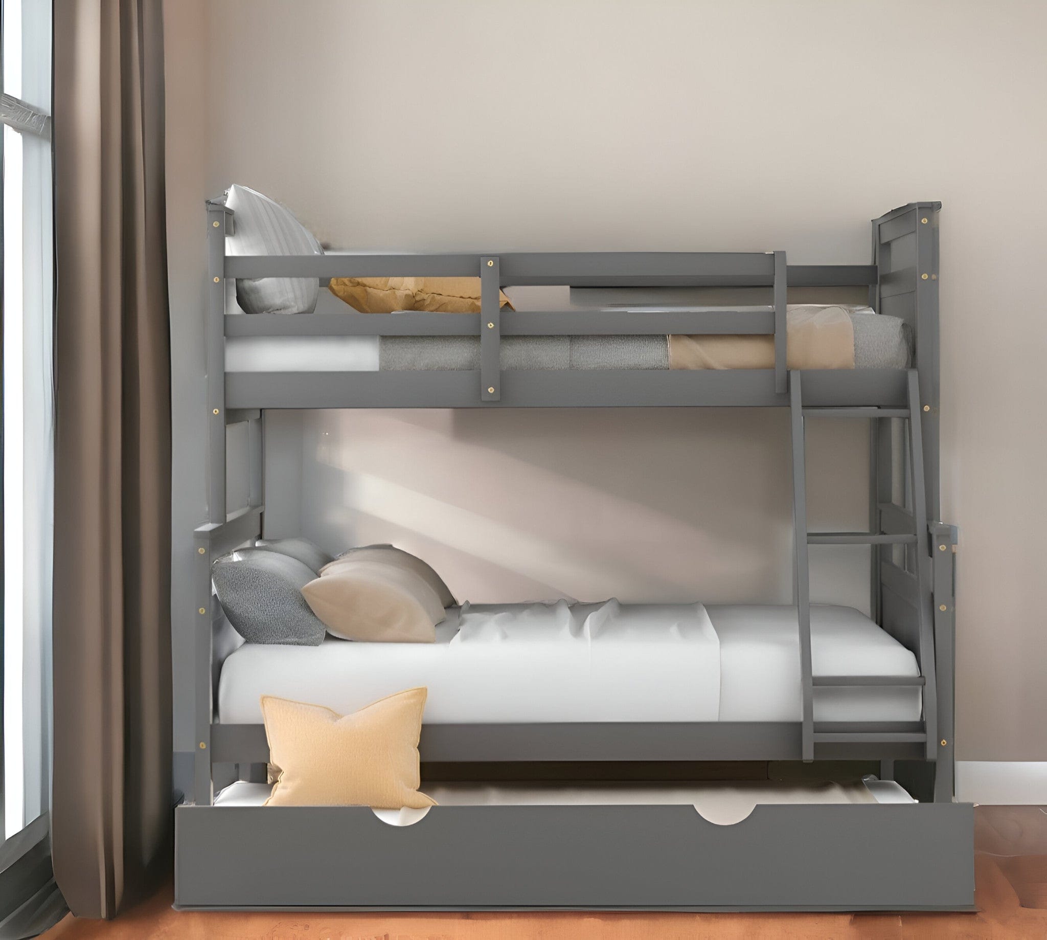 Gray Twin Over Full Size Bunk Bed with Trundle - Homeroots