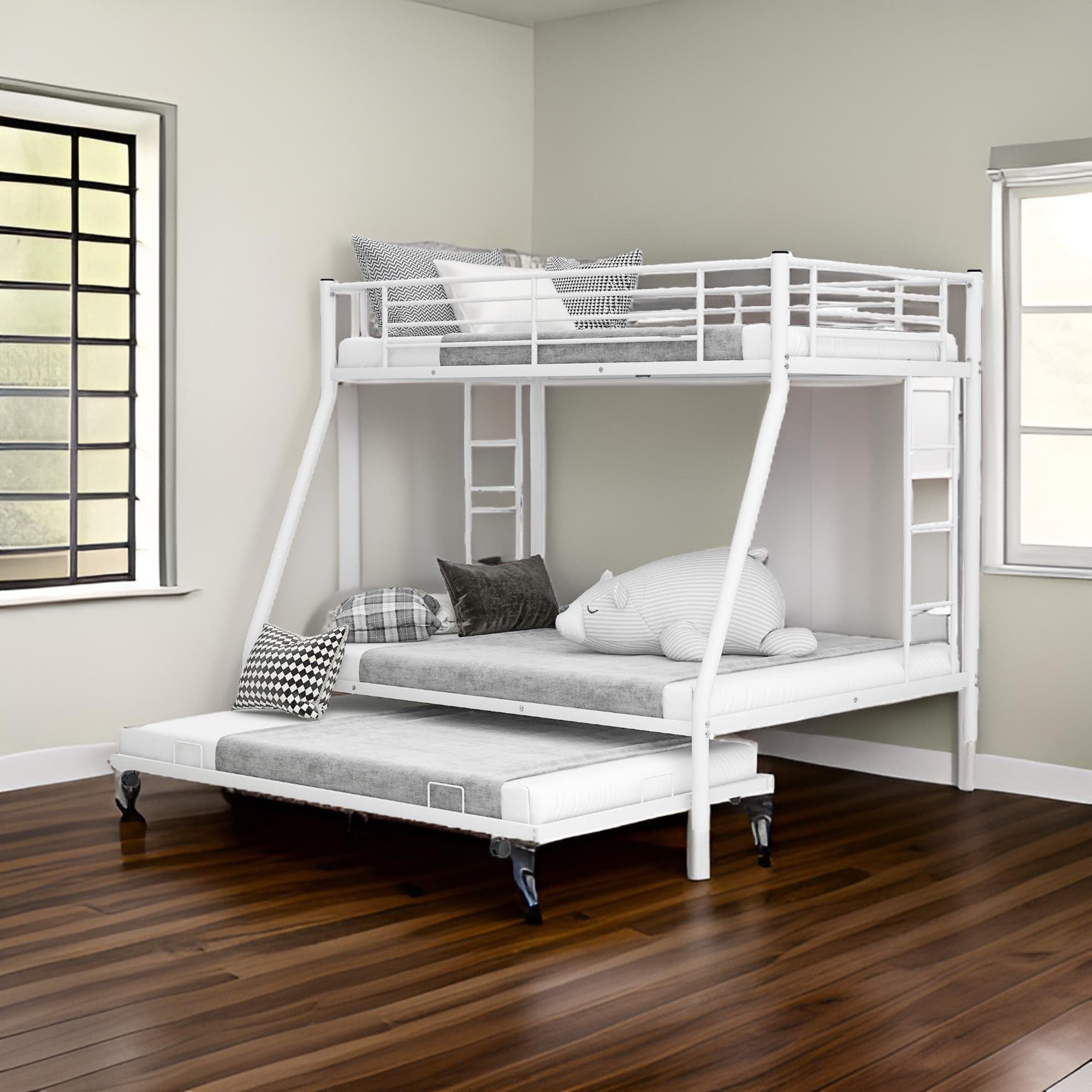 White Twin Over Full Size Bunk Bed with Trundle