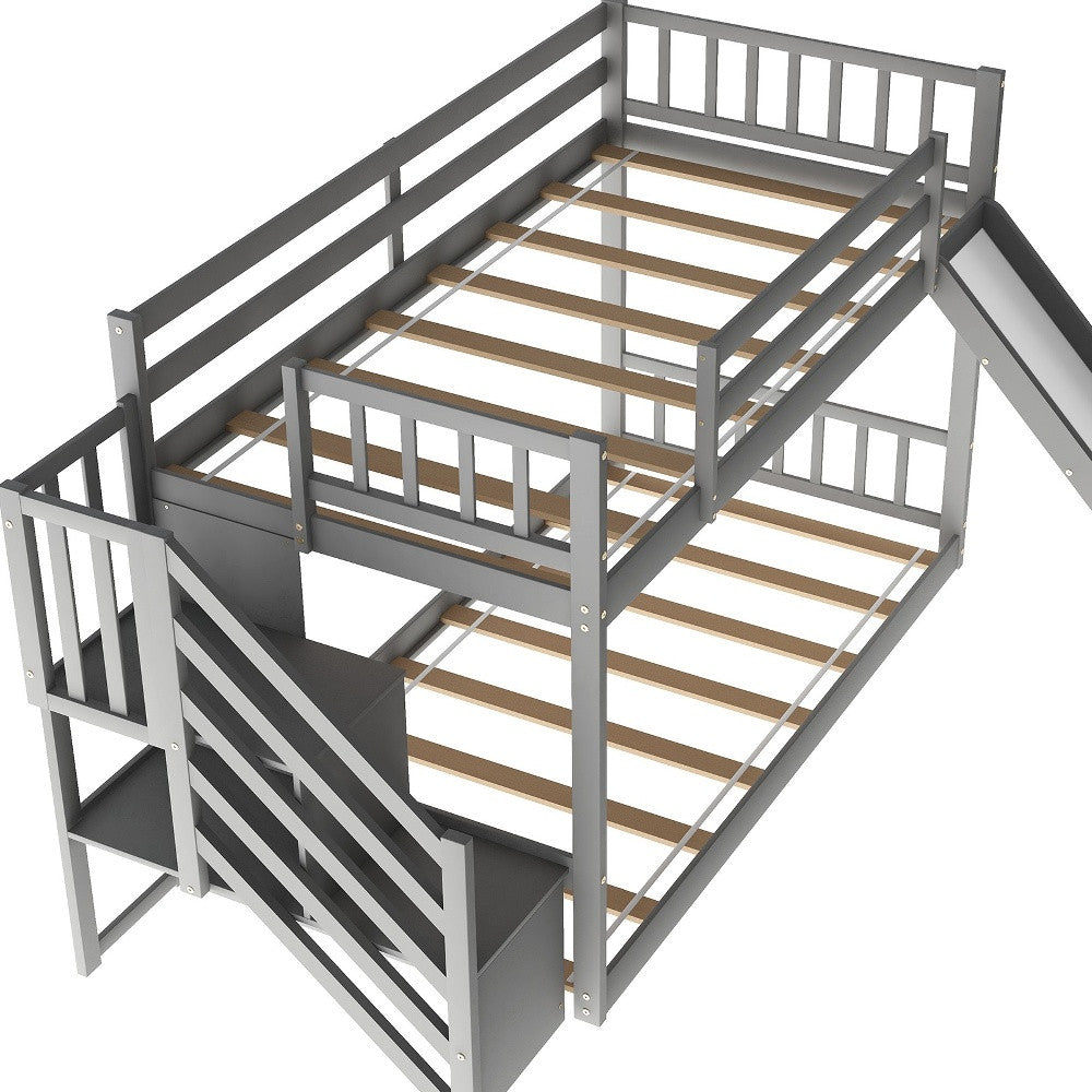 Gray Twin Over Twin Bunk Bed with Stairway and Slide